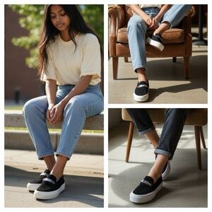 Vans Women's Black and White Chain Detail Loafers size 6